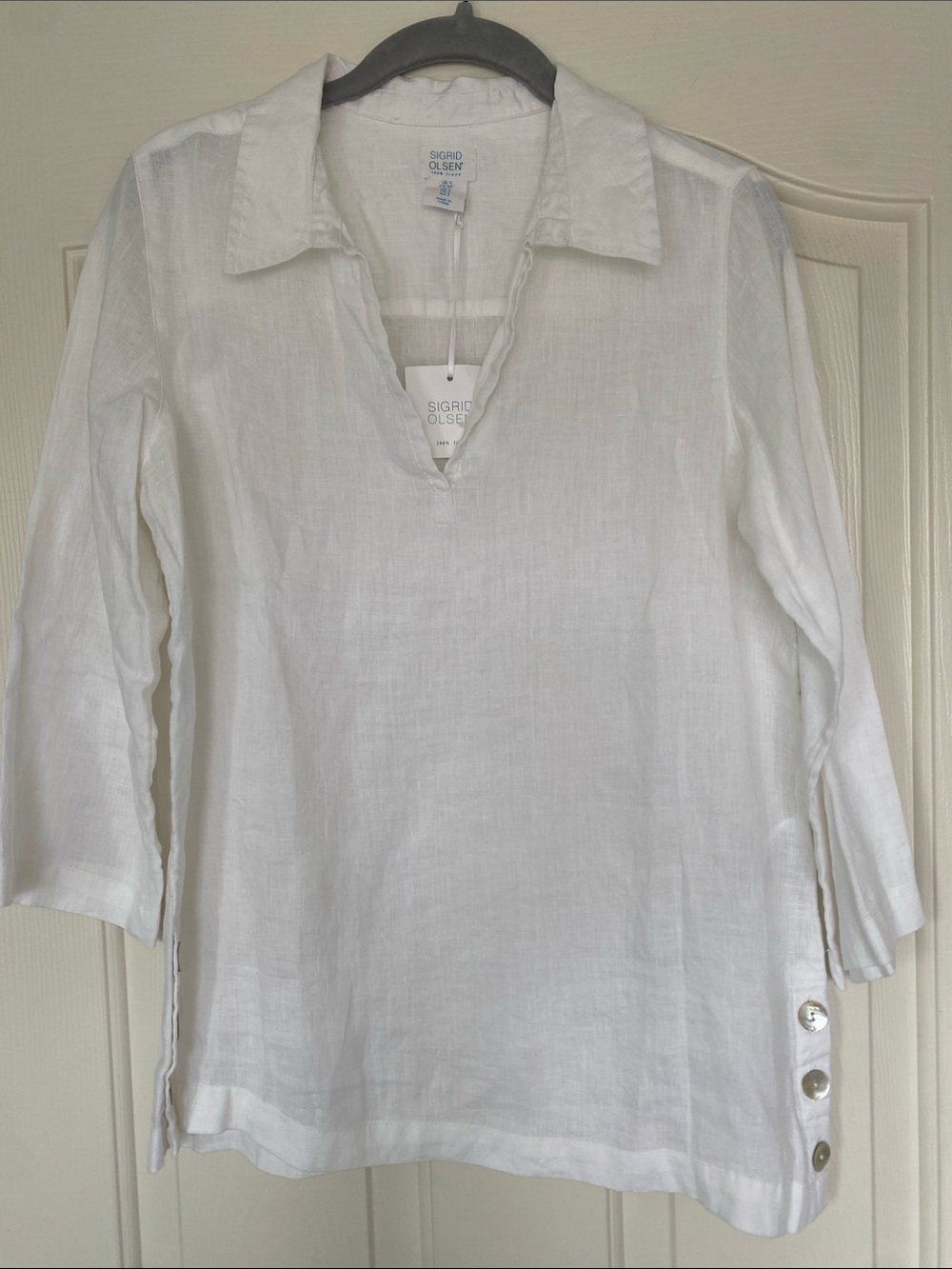 Sigrid Olsen White Linen Split V-Neck Tunic with Side Buttons